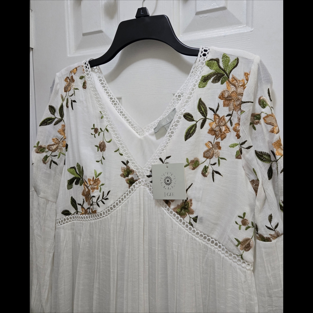 J GEE Bohemian White Floral Lace-Trim V-Neck Tunic Dresz Sz L - Picture 2 of 7